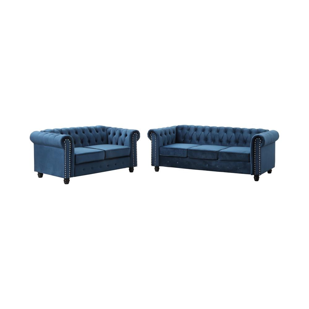 Best Master Furniture 2 Piece Contemporary Velvet Sofa And Loveseat Set Blue
