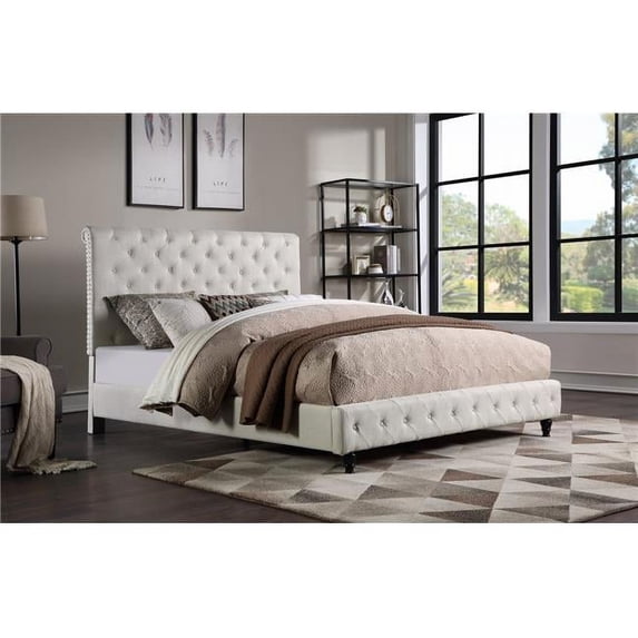 Best Master Furniture Ashley Tufted Transitional Linen Fabric Queen Bed in Beige