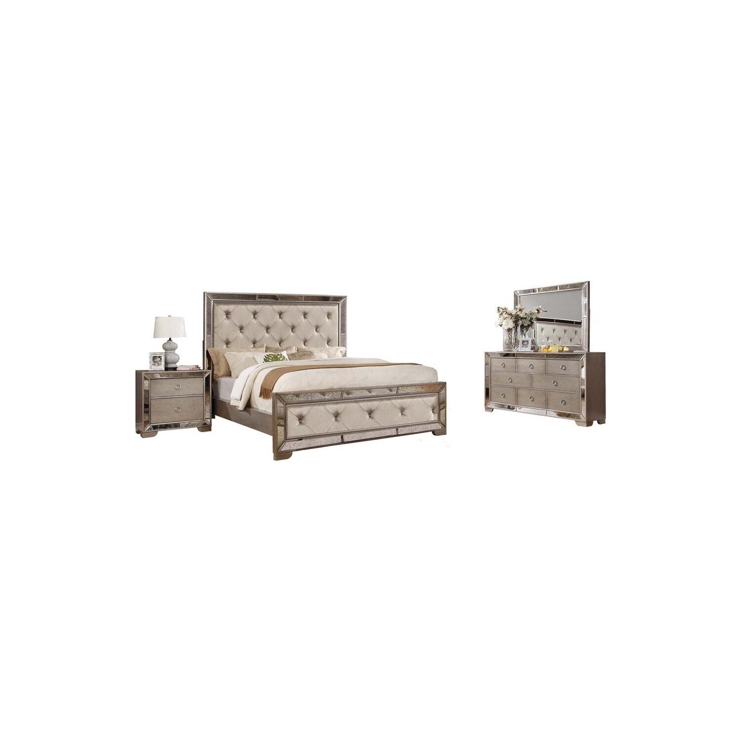 Best Master Furniture Ava Mirrored Silver Bronzed 5Piece Bedroom Set