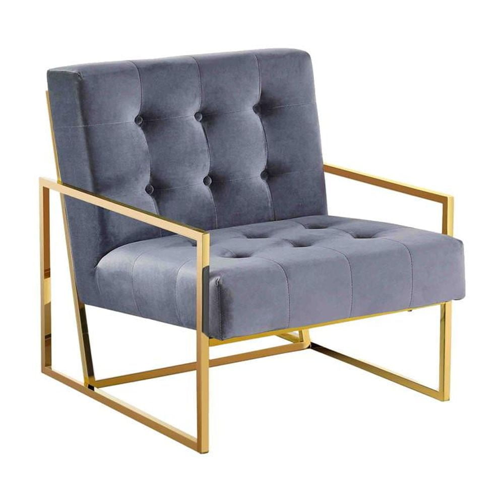 Beethoven 31.5" Gray Velvet & Gold Metal Modern Accent Chair