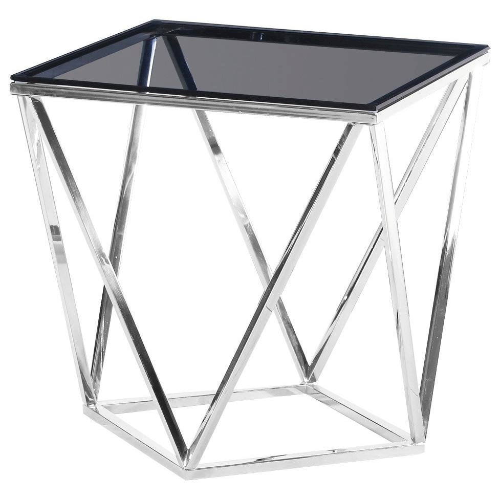 Silver Smoked Glass Square End Table with Stainless Steel Base