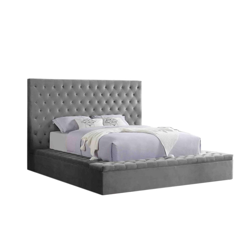 Cierra Velvet Upholstered Queen Platform Bed with Storage in Gray