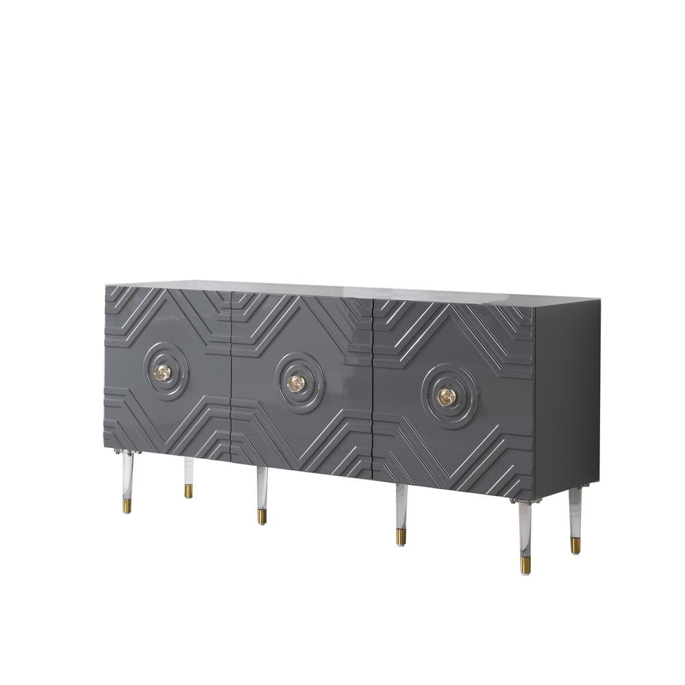 Gray High Gloss Sideboard with Gold Accents and Acrylic Legs
