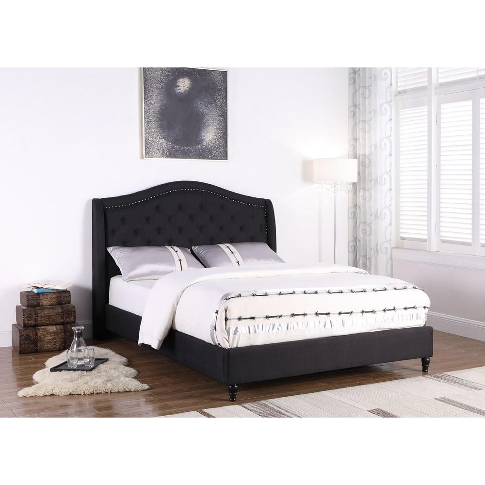 Luxurious King-Sized Black Pine Wood Tufted Upholstered Bed with Nailhead Trim