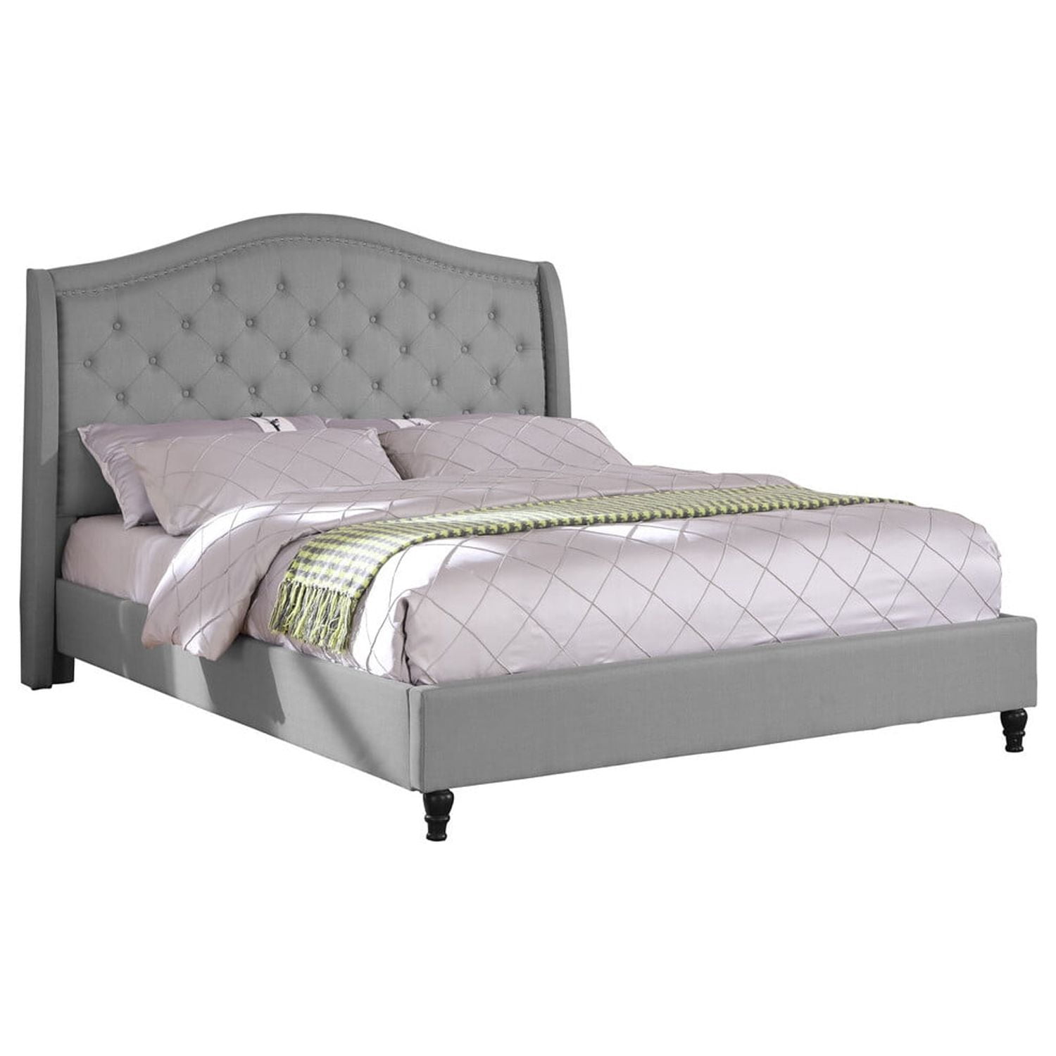 King Gray Tufted Upholstered Wood Frame Bed with Nailhead Trim