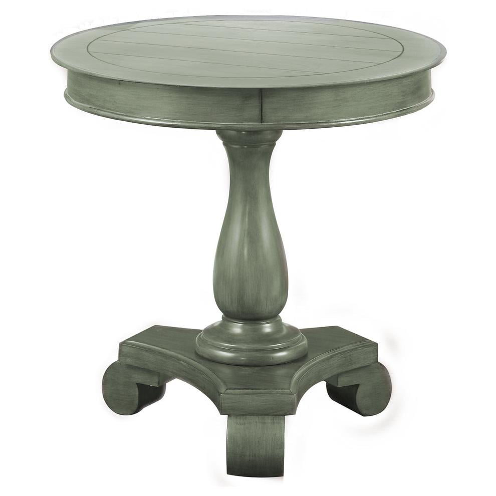 Teal Gray Wood Round Accent Table with Single Column Base