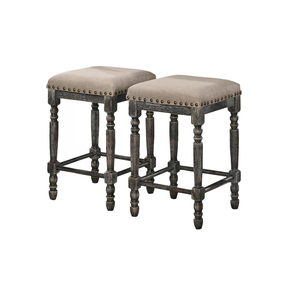 Eva 26" Gray Wood Backless Counter Stools with Nailhead Trim, Set of 2