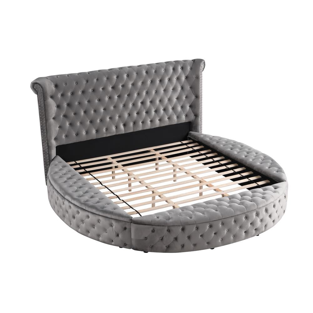 Gray Velvet Tufted Queen Bed with Storage and Nailhead Trim