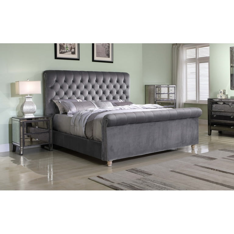 Grey upholstered sleigh deals bed