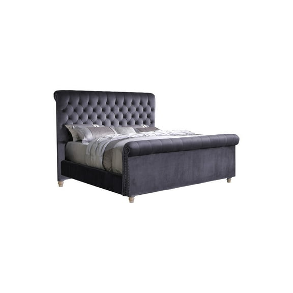 Best Master Furniture Jean-Carrie Upholstered Sleigh Bed, Eastern King with Grey Velvet, Grey