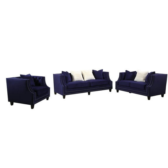 Best Master Furniture Marylou 3-Piece Velvet Living Room Sofa Set in Blue