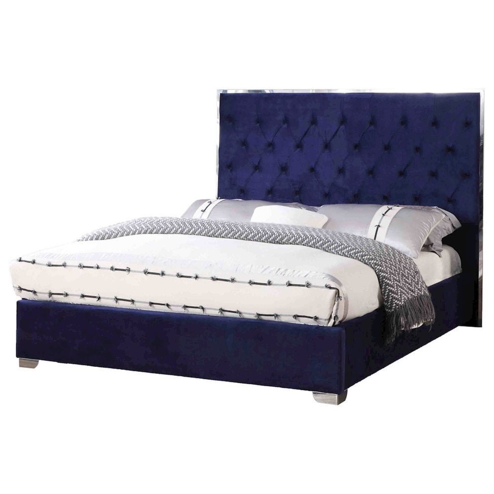 Kressa Blue Velvet Tufted King Bed with Upholstered Headboard
