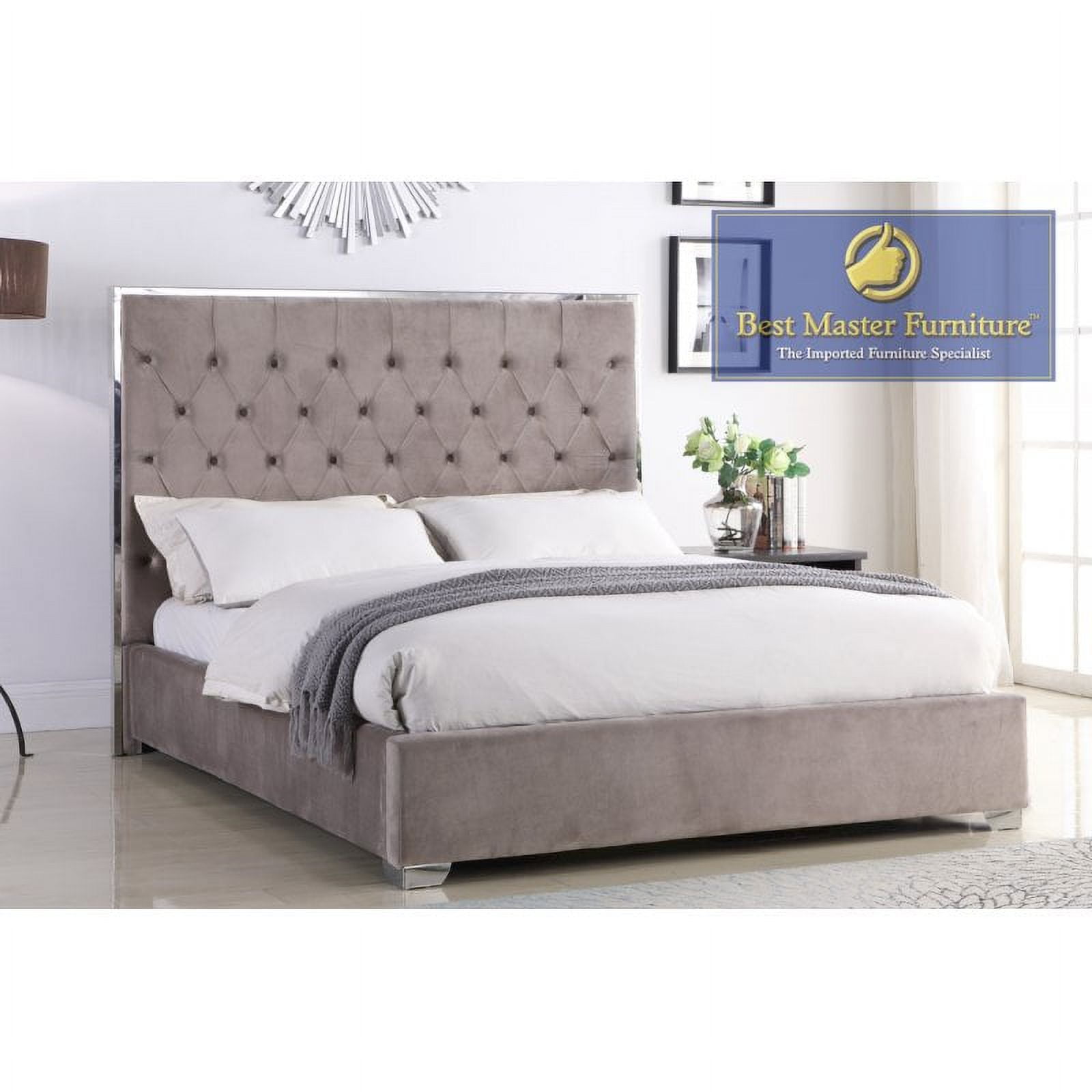 Elegant Queen Velvet Platform Bed with Tufted Headboard, Light Grey