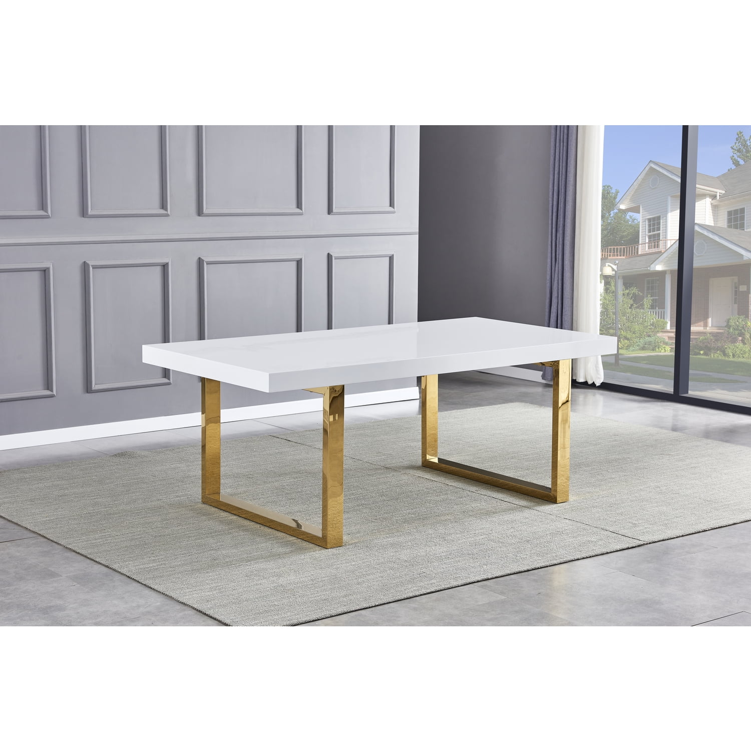 White and Gold Rectangular Modern Dining Table with Wood Top