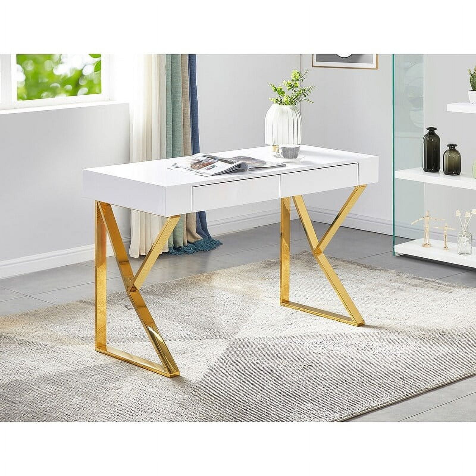 Modern White Lacquer Wood Computer Desk with Stainless Steel Base, 47"