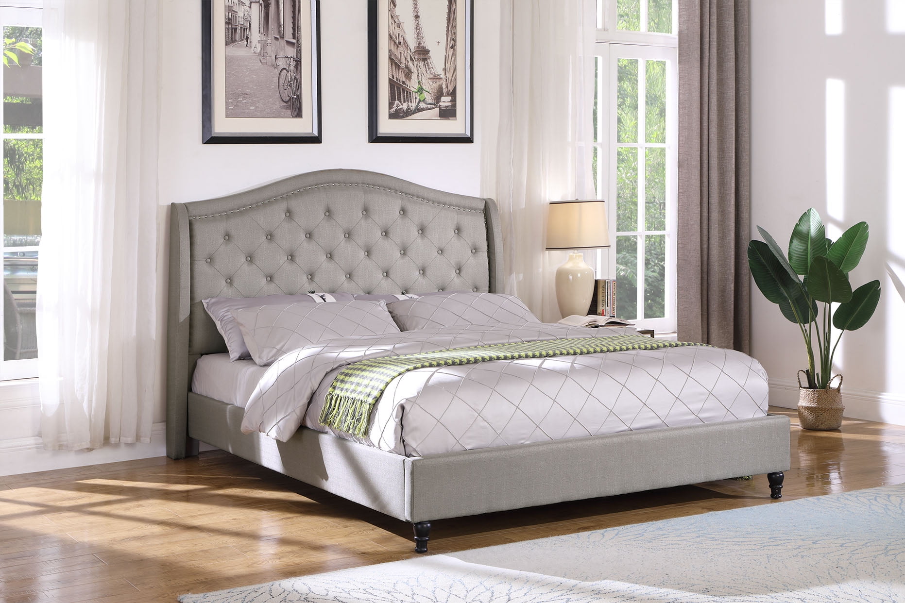 Best Master Furniture Queen Tufted Upholstered Panel/Platform Bed, Grey