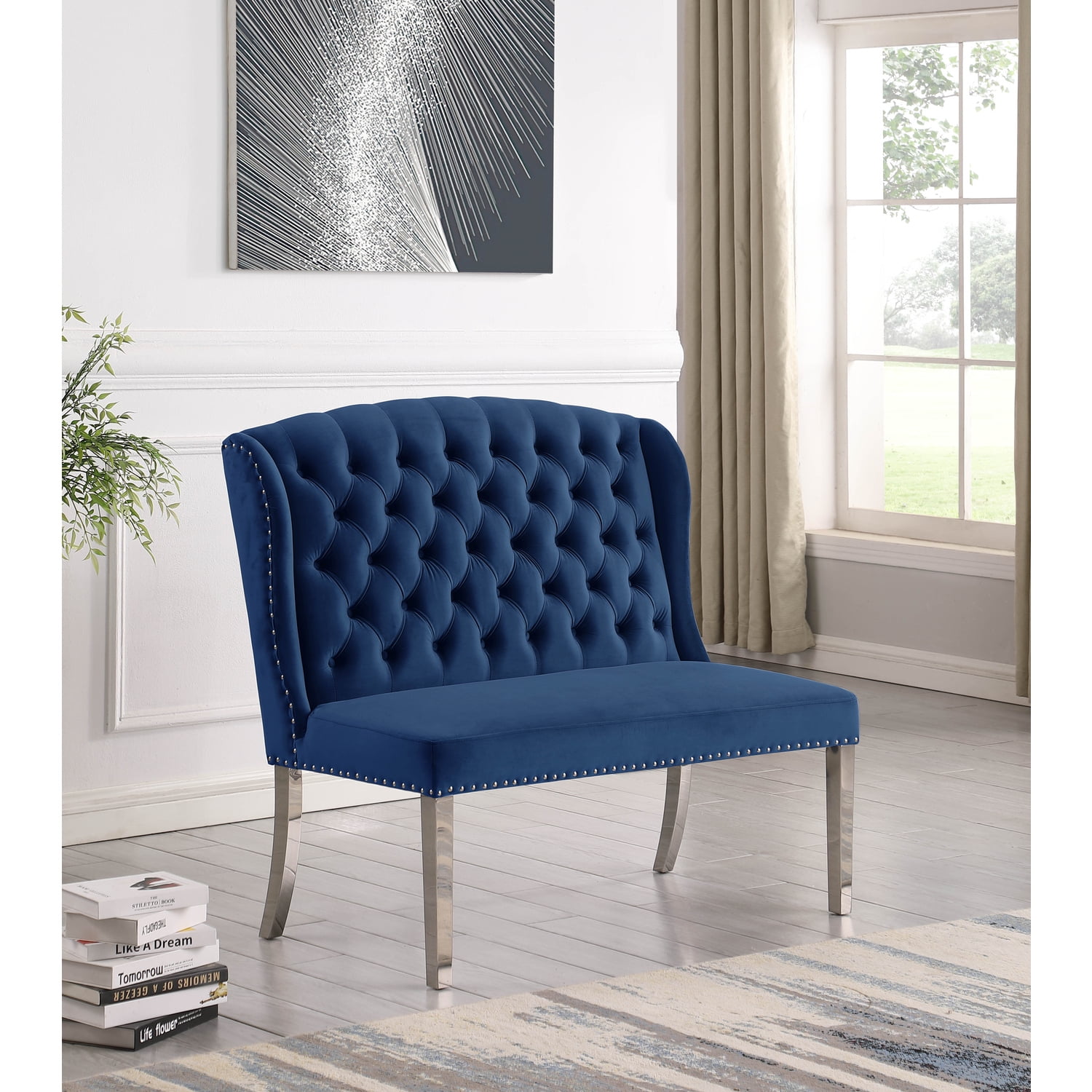 Best Master Furniture Rohit Blue Dining Bench with Chrome Legs ...