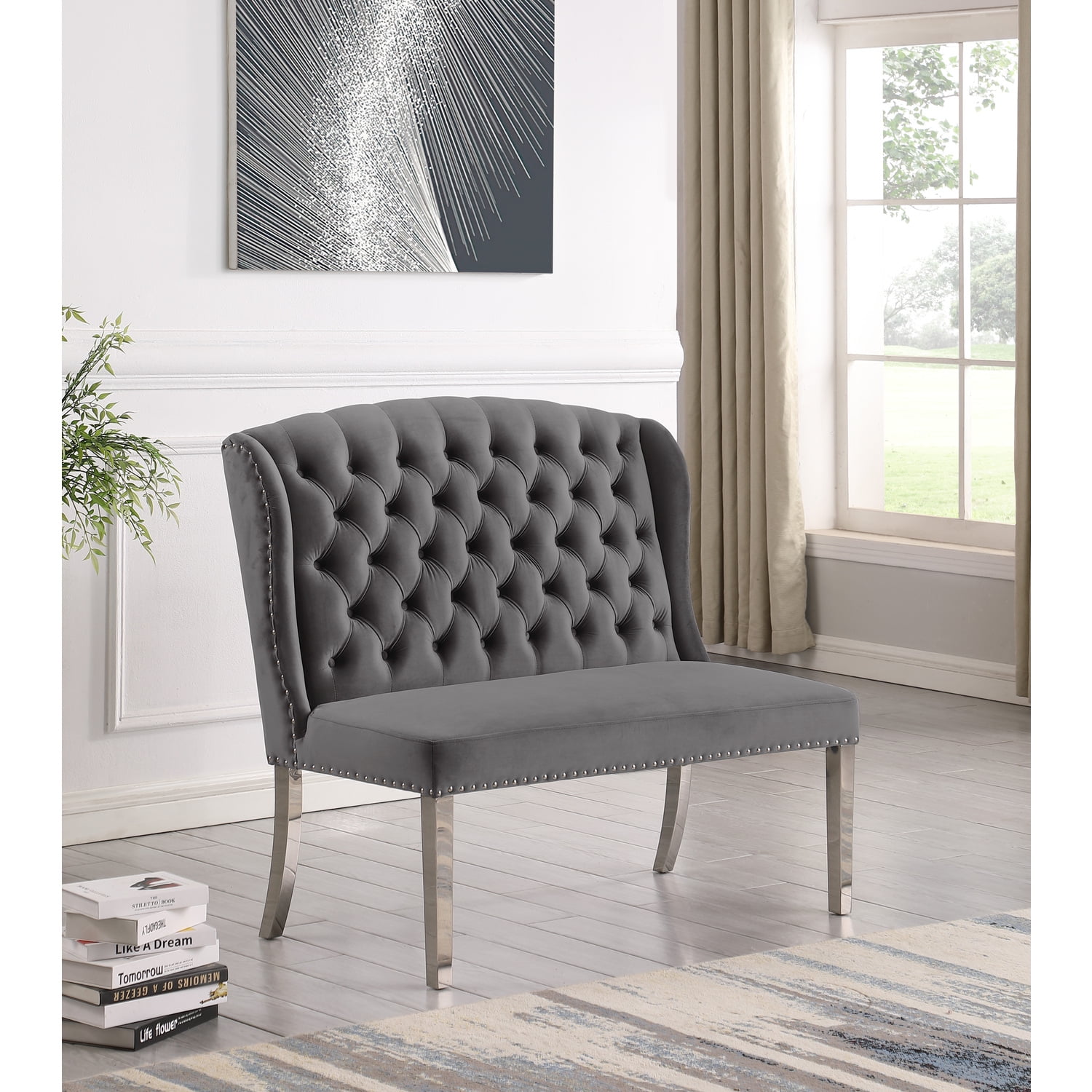 Best Master Furniture Rohit Grey Dining Bench with Chrome Legs