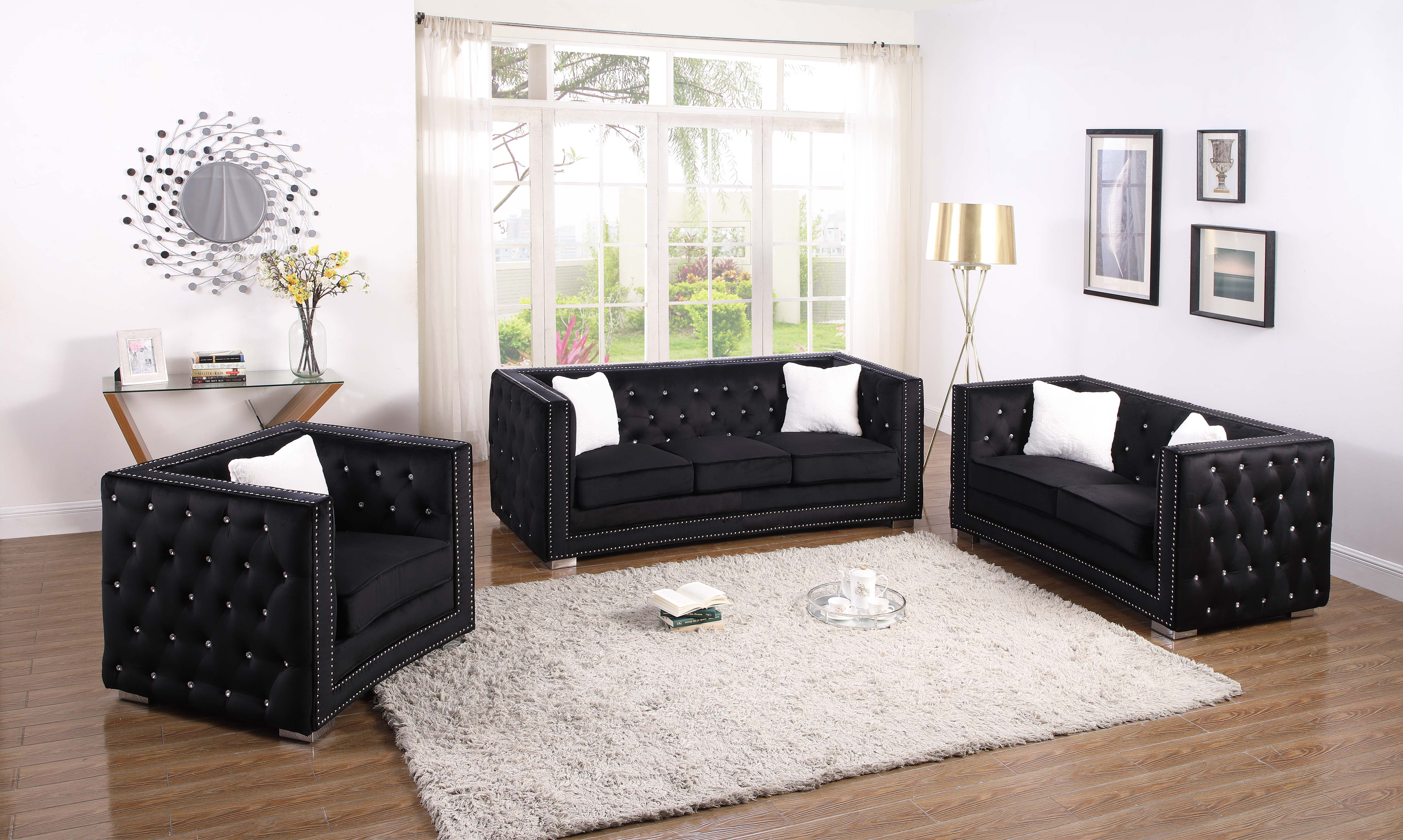 Best Master Furniture Ruby Black Color Diamond Upholstered Velvet 3 Pcs Sofa Set with Toss Pillows