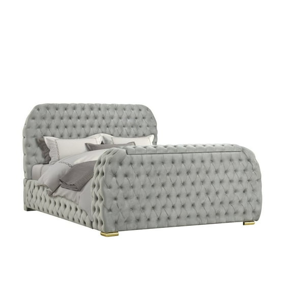 Best Master Furniture Upholstered Velvet Bed Frame with TV Stand & Fireplace, California King, Grey