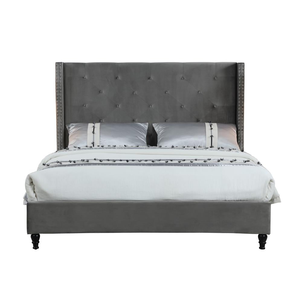 King Blue Velvet Upholstered Tufted Wingback Bed with Nailhead Trim