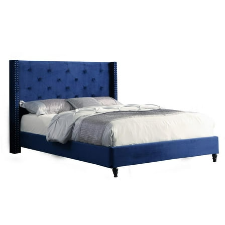 Best Master Furniture Valentina Velvet Fabric Wingback Platform Full Bed in Navy