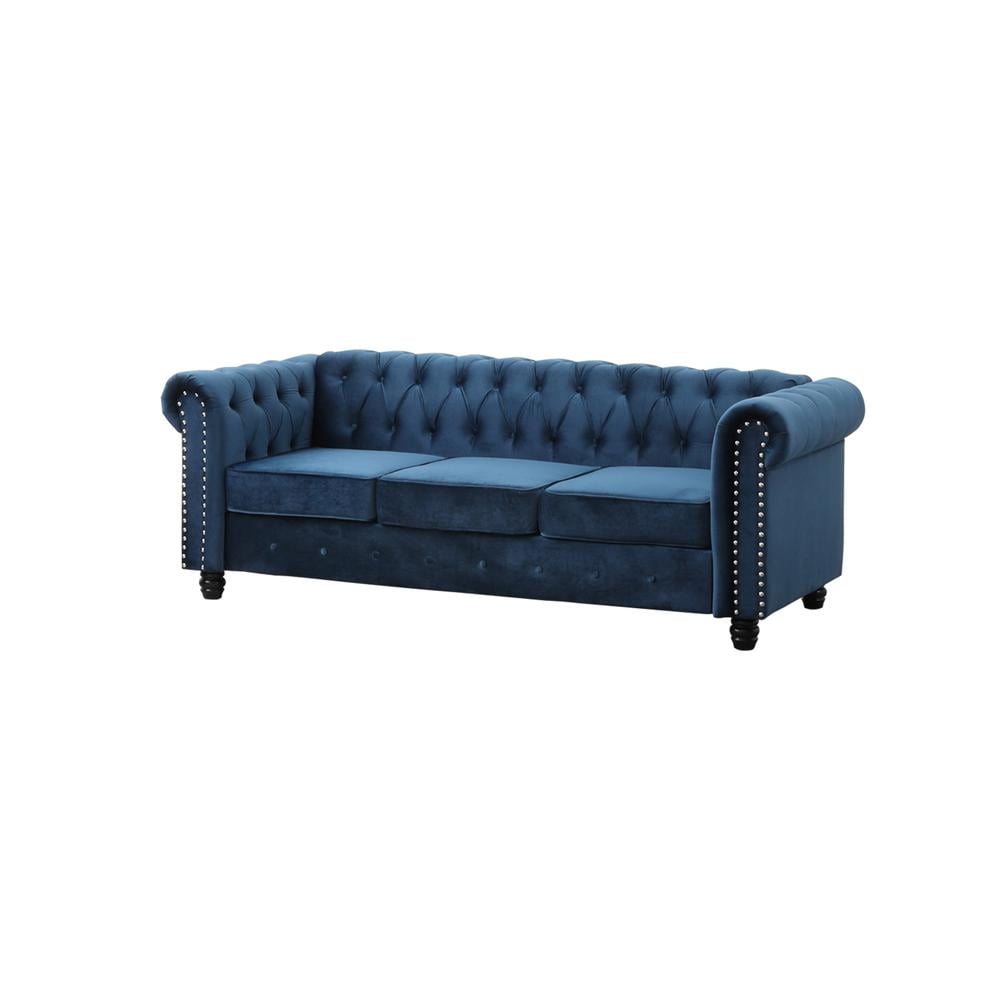 Venice 82" Blue Velvet Chesterfield Sofa with Nailhead Trim