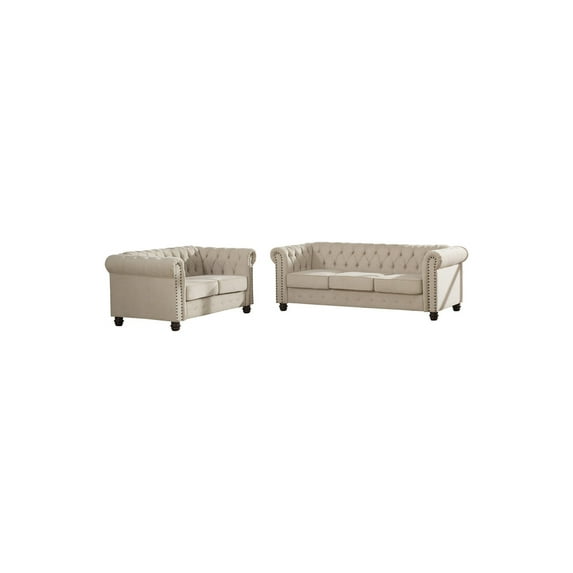 Best Master Furniture Venice Upholstered Living Room Sofa and Loveseat, 2-Piece Set, Beige