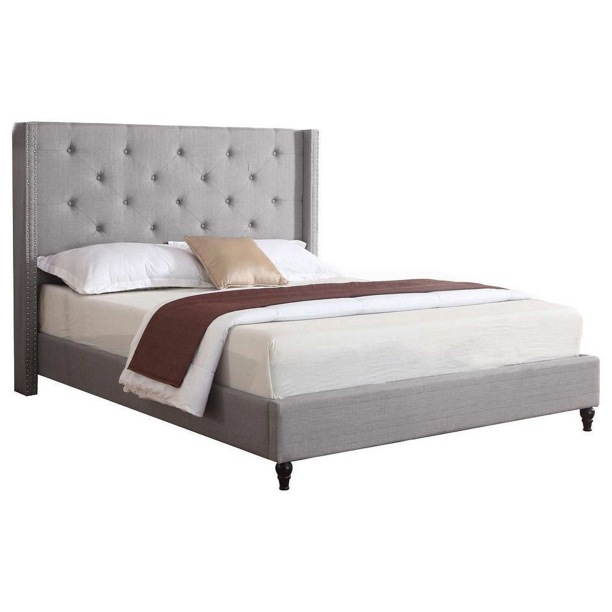 Elegant Linen Queen Platform Bed with Tufted Wingback and Nailhead Trim