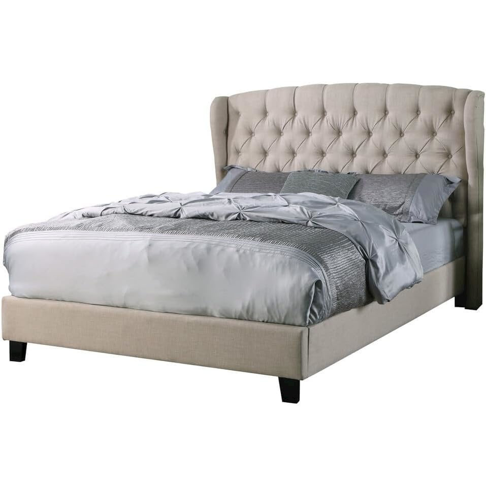 Beige Linen Tufted Upholstered Queen Platform Bed with Wood Frame