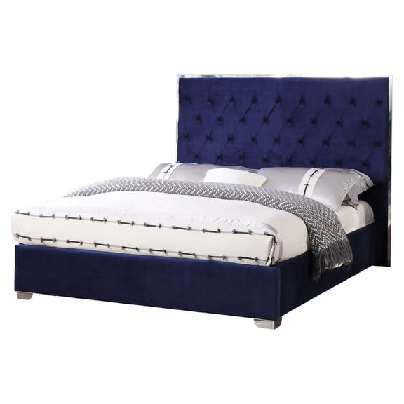 Best Master Kressa Velour Fabric Tufted Cali King Platform Bed in Blue