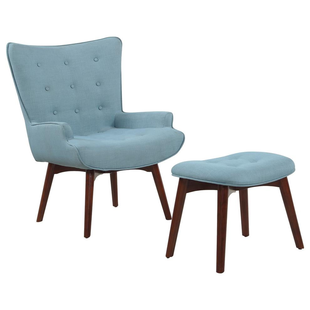 Capri Blue Tufted Accent Chair with Ottoman and Walnut Wood Frame