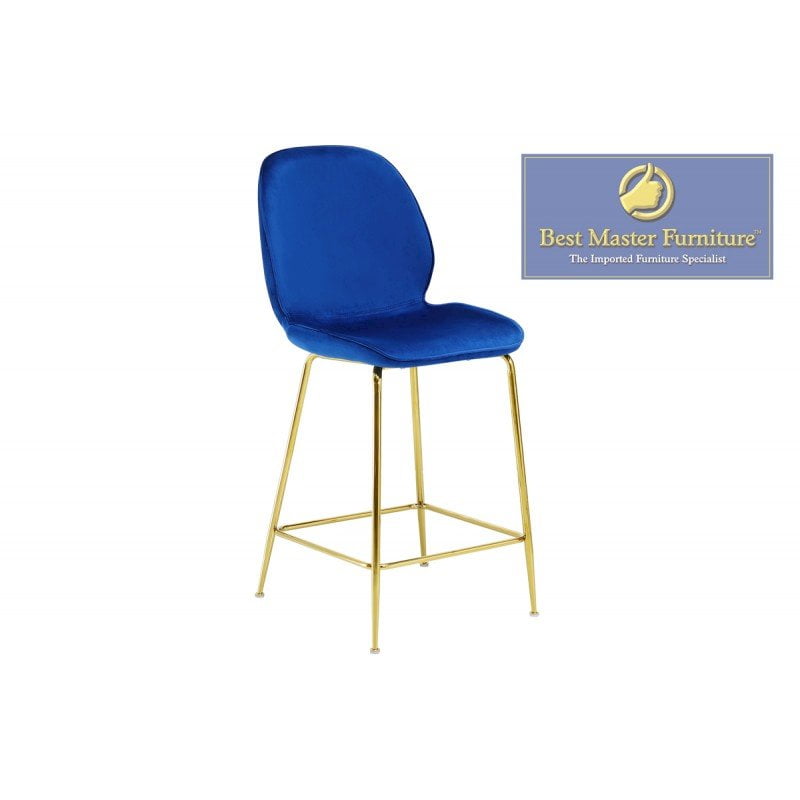 Blue Velvet and Gold Metal Backless Counter Stool, 24"