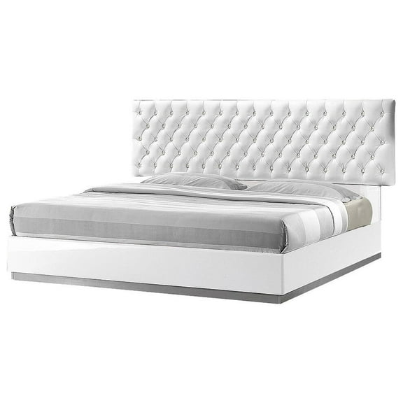 Best Master Seville Tufted Crystals Queen Platform Bed in White/Silver Base
