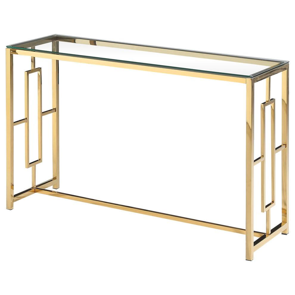 Gold and Clear Glass Console Table with Stainless Steel Base