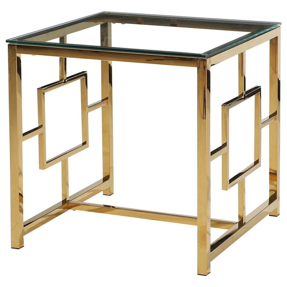 Contemporary Chrome Square Glass Top End Table with Gold Base