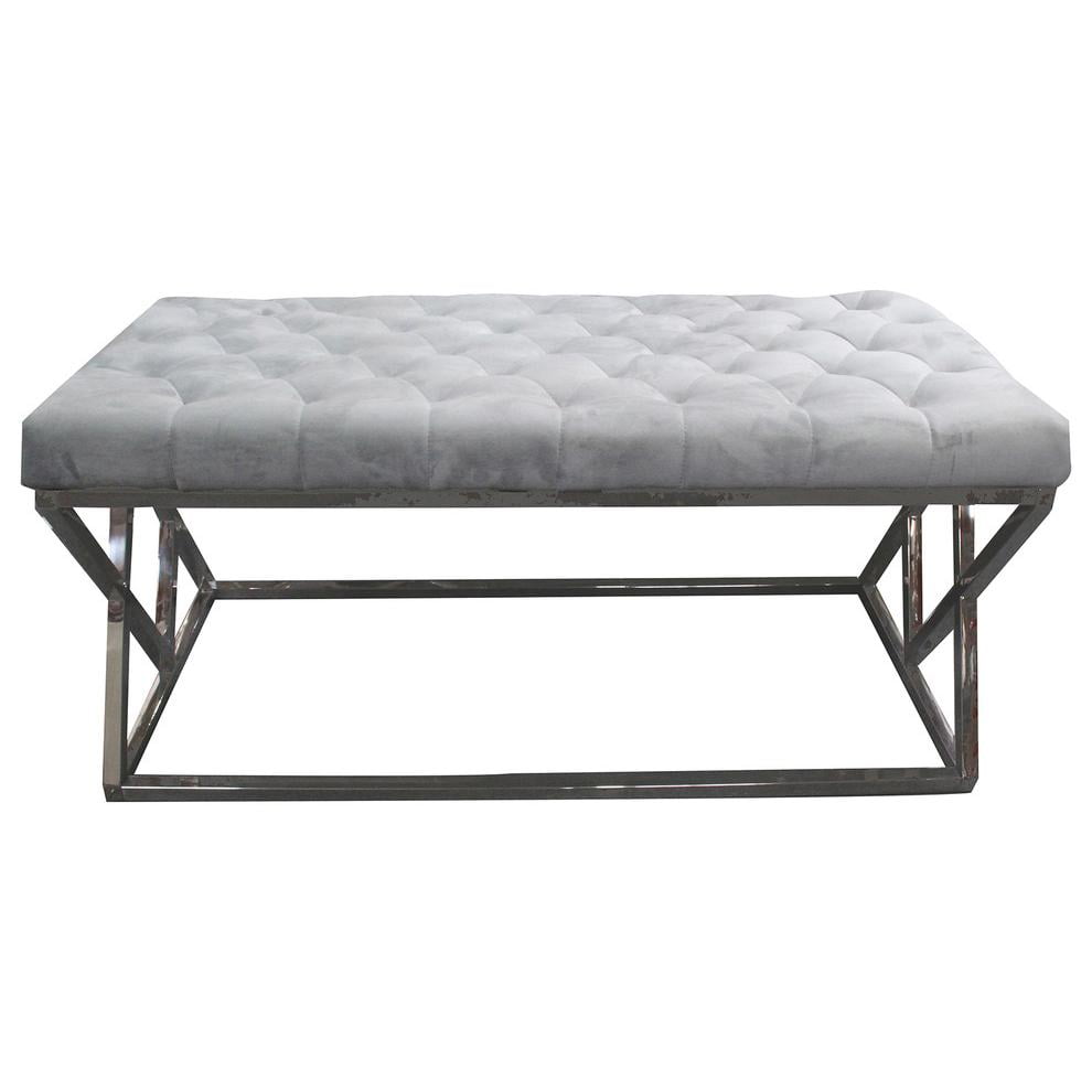 Contemporary Gray Velvet Tufted Bench with Stainless Steel Legs