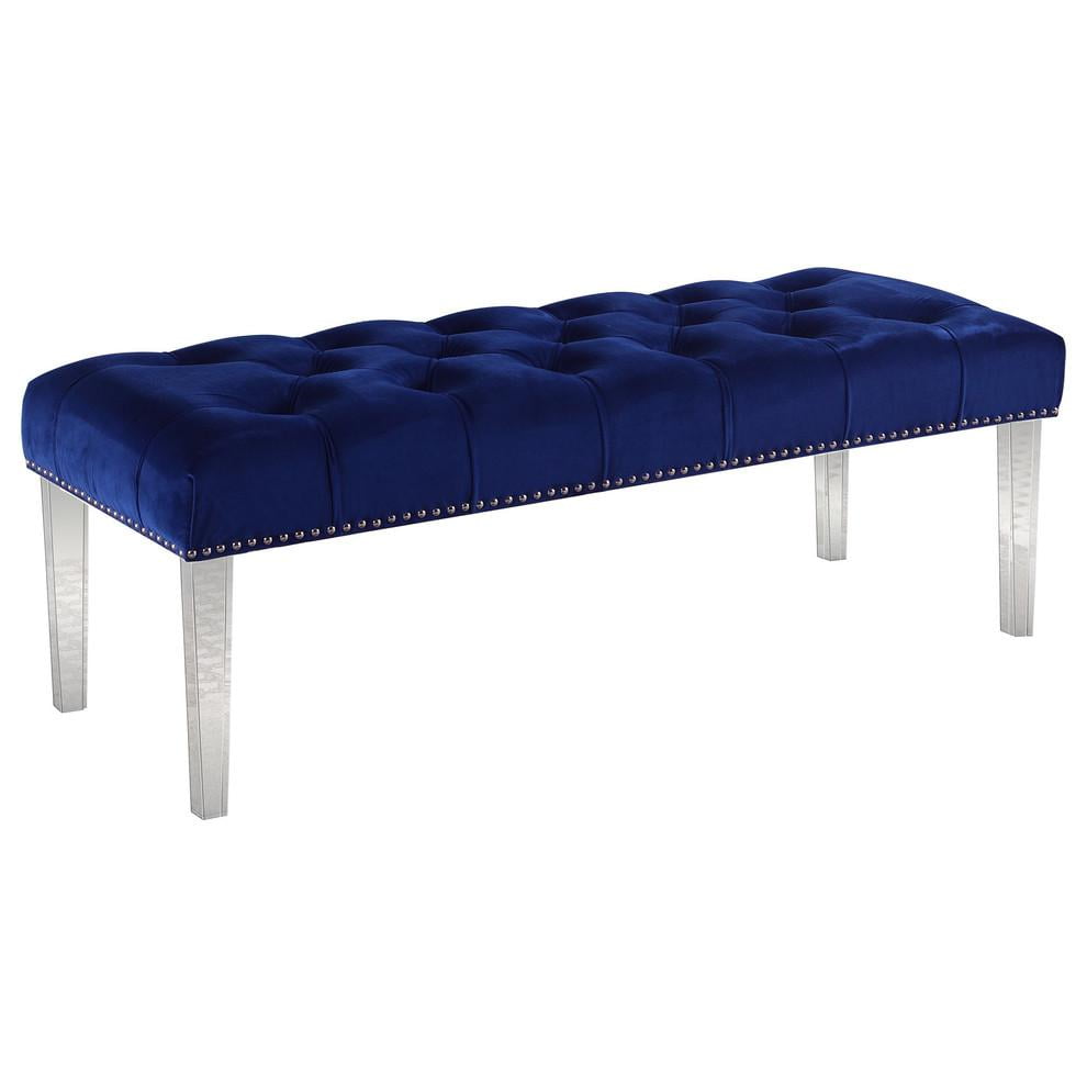 Navy Blue Velvet Tufted Bench with Acrylic Legs