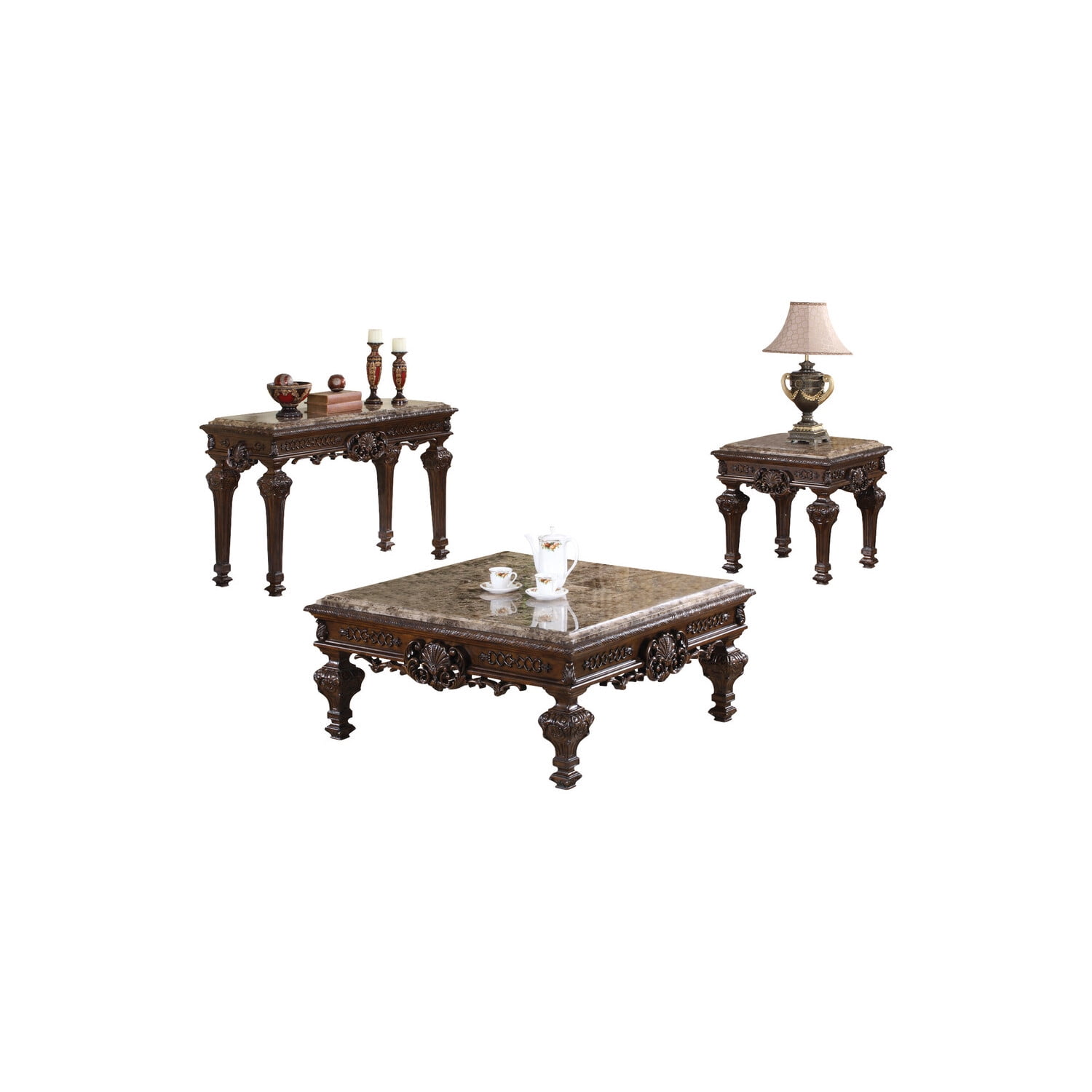 Best Master Traditional 3-Piece Faux Marble Top Living Room Table Set in Cherry