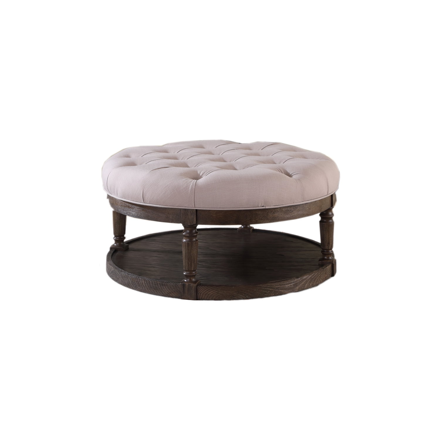 Rustic Gray Beige Linen Tufted Round Cocktail Ottoman