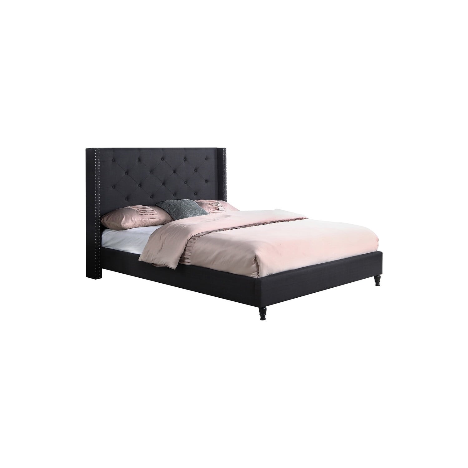 Luxurious Black Linen Upholstered California King Bed with Nailhead Trim