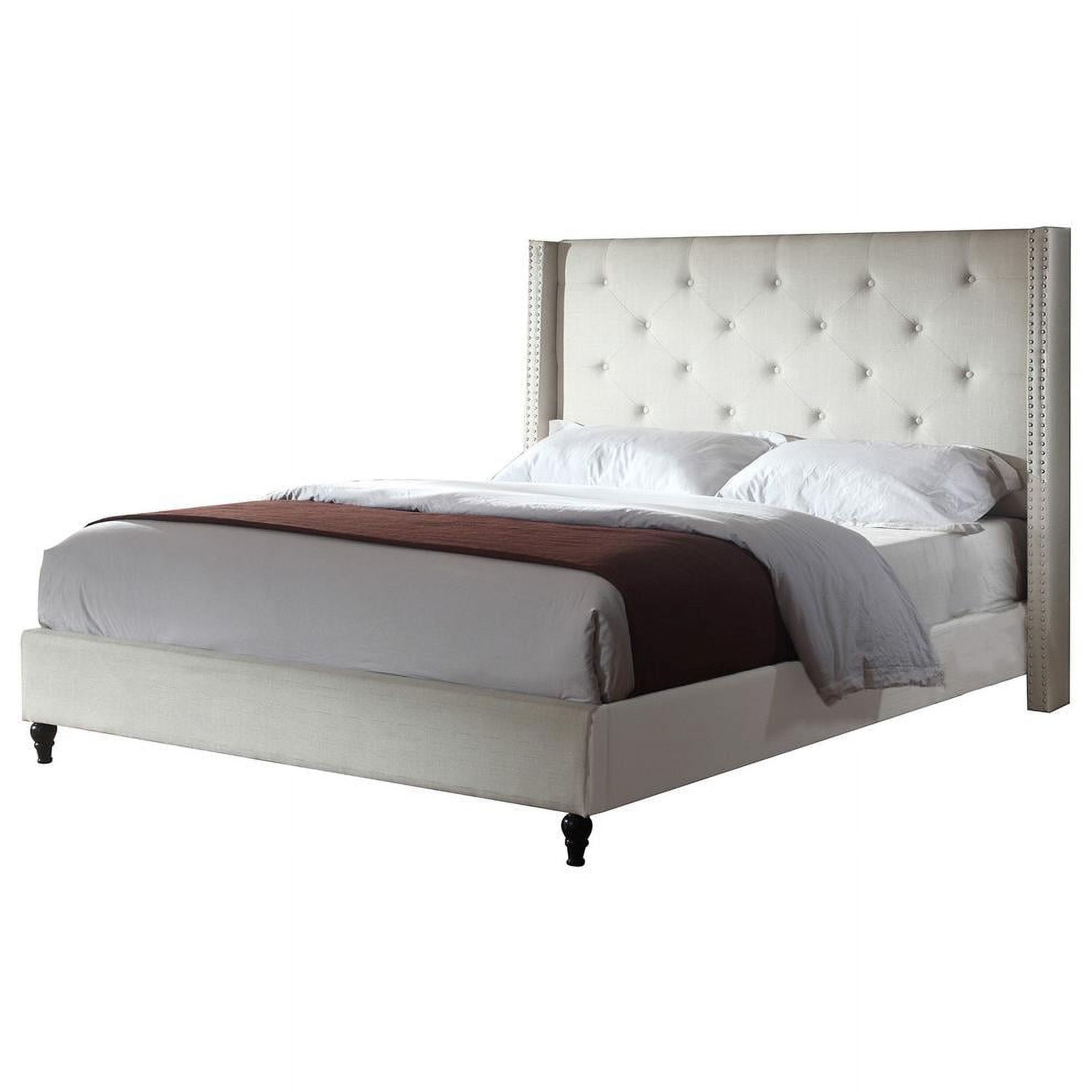 Valentina Beige Linen King Bed with Tufted Wingback and Nailhead Trim