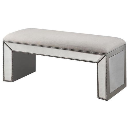 Best Master Vanity Fabric Upholstered Bench in Beige/Silver with Mirror Inlay