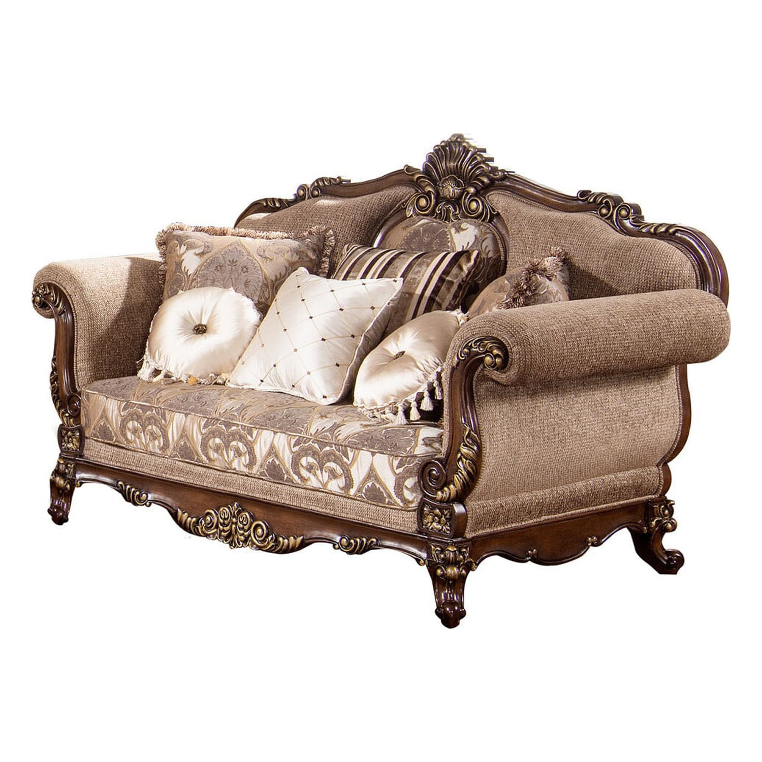 Traditional Cherry and Gold Trim Loveseat with Rolled Arms
