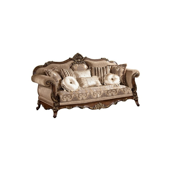 Best Master Winfrey Solid Wood and Chenille Sofa in Cherry/Gold Trim
