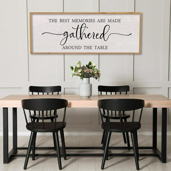 The Best Memories Are Made Gathered Around The Table Sign Wall Art Decor 32 x 12 Inch Dining Room Large Rustic Farmhouse Wood Framed Kitchen Home Wall Hanging Decoration (Black)