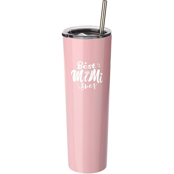 Best Mimi Ever Gift - Ezprogear 34 oz Stainless Steel Insulated Ice Coffee Skinny Tumbler for Grandma Gift with Lid & Straw (Pink)