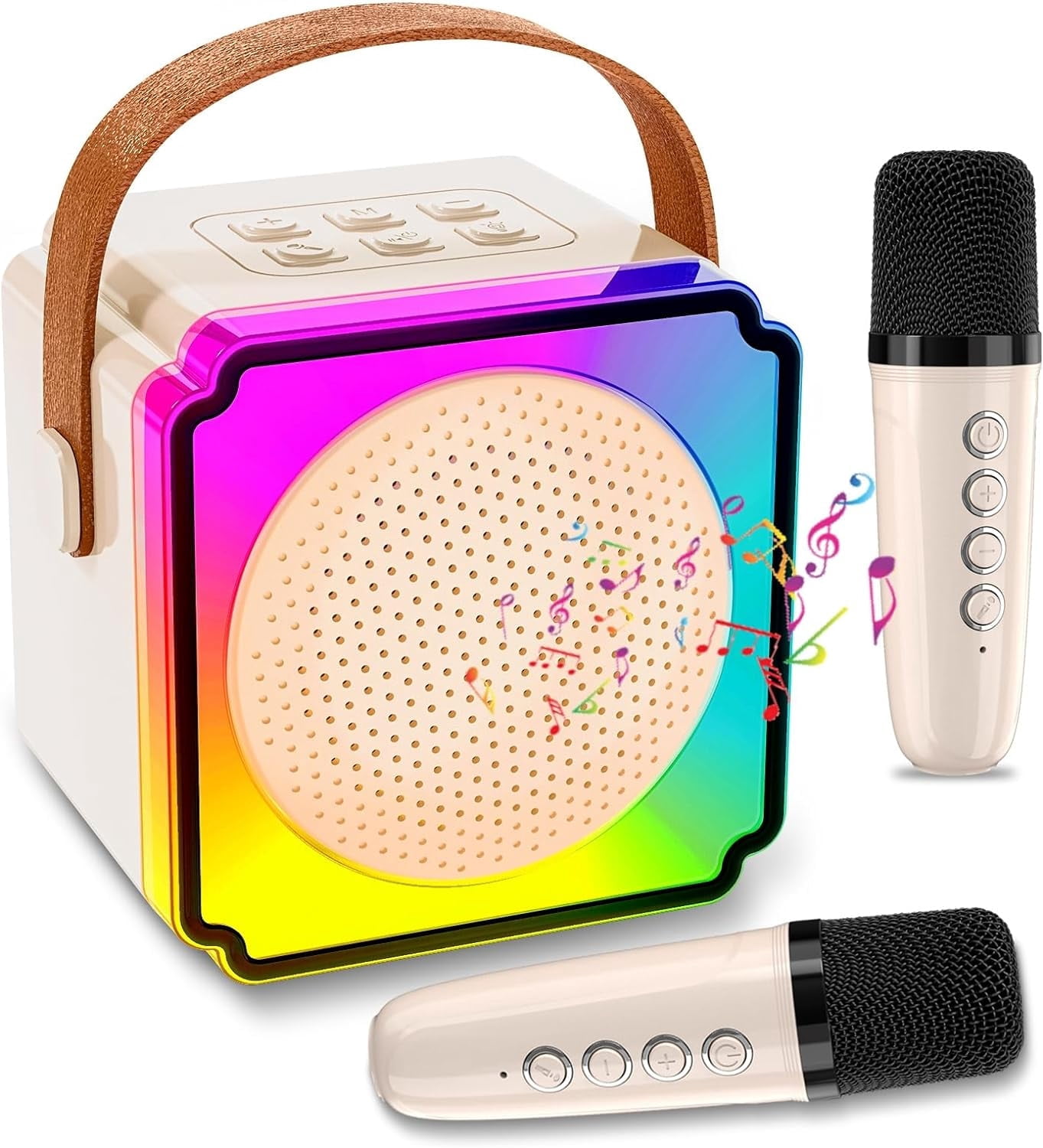 Best Mini Karaoke Machine with 2 Wireless Microphones, Portable Karaoke Machine, Voice Changing Effects, Bluetooth Speaker for Kids Adults, Birthday Gifts for Girls Boys (Beige)