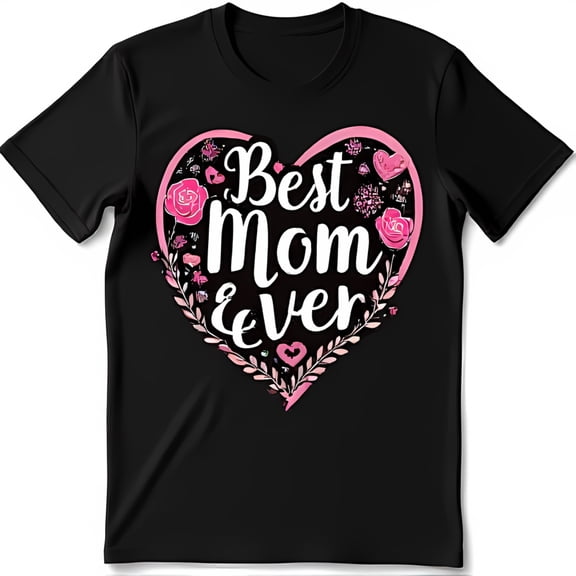 Best Mom Black T-Shirt with Floral Heart Graphic