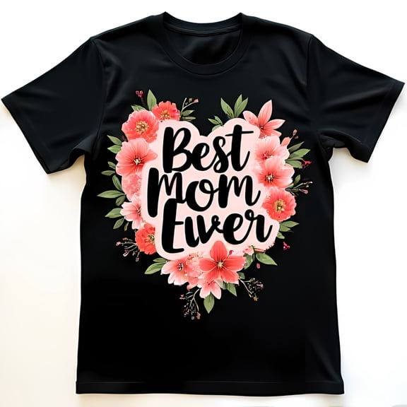 Best Mom Black T-Shirt with Floral Pink Heart Design for Mother Day